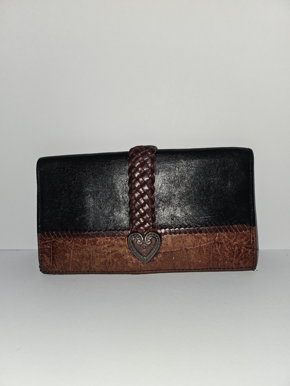 Brighton Vintage Black and Brown Leather Bifold Wallet with Heart Accent